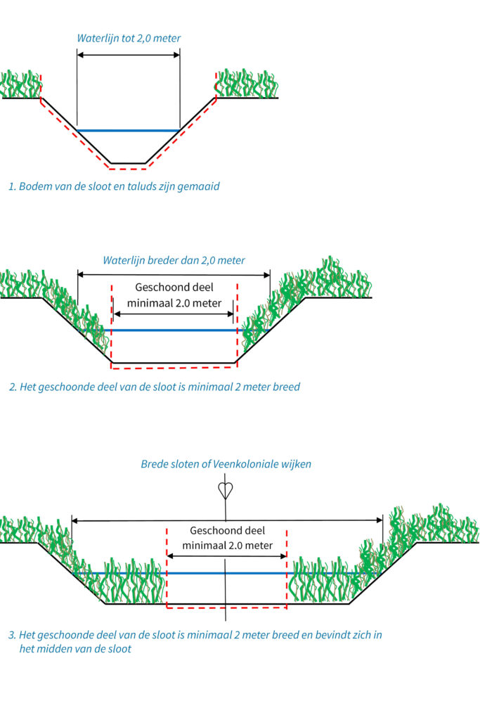 Drie illustraties met schema's van slootschonen:
Waterlijn tot 2 meter breed: bodem en taluds gemaaid, aangegeven met rode lijnen.
Waterlijn breder dan 2 meter: schoongehouden deel minimaal 2 meter breed.
Brede sloten: schoongehouden deel (minimaal 2 meter) in het midden van de sloot.