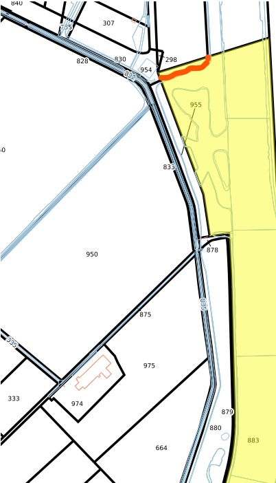 Kaartweergave van een landelijk gebied nabij Nieuwe Statenzijl. Centraal op de afbeelding ligt perceel C 883, gemarkeerd in het geel. Binnen perceel C 883 bevindt zich een kleiner deelperceel van 1430 m², gelegen tussen de zwarte en rode streep aan de noordwestelijke rand van het perceel. De kaart toont verder perceelnummers, watergangen, wegen en andere omliggende percelen zoals 950, 875 en 955. De rode markering benadrukt het specifieke deel van perceel C 883.