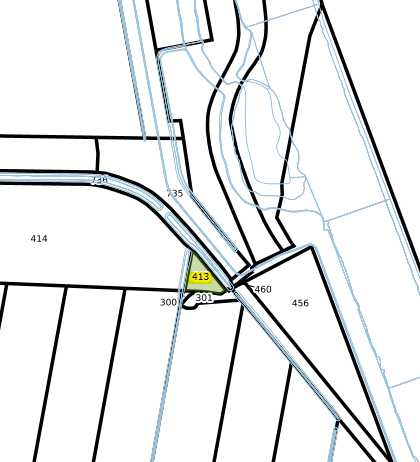 Kaartweergave van een perceel in een landelijk gebied nabij Nieuwe Statenzijl. In het midden van de afbeelding is perceel B 413 geel gemarkeerd. Dit perceel heeft een oppervlakte van 1510 m² en ligt tussen de omliggende percelen 300, 301 en 414. De kaart toont sloten, wegen en aangrenzende percelen zoals 456 en 460. Perceel B 413 bevindt zich op een kruising van watergangen en grenst aan meerdere kavels.